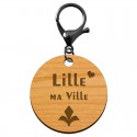 Porte-clé en bois motif Lille ma Ville diamètre 45 mm avec mousqueton noir
