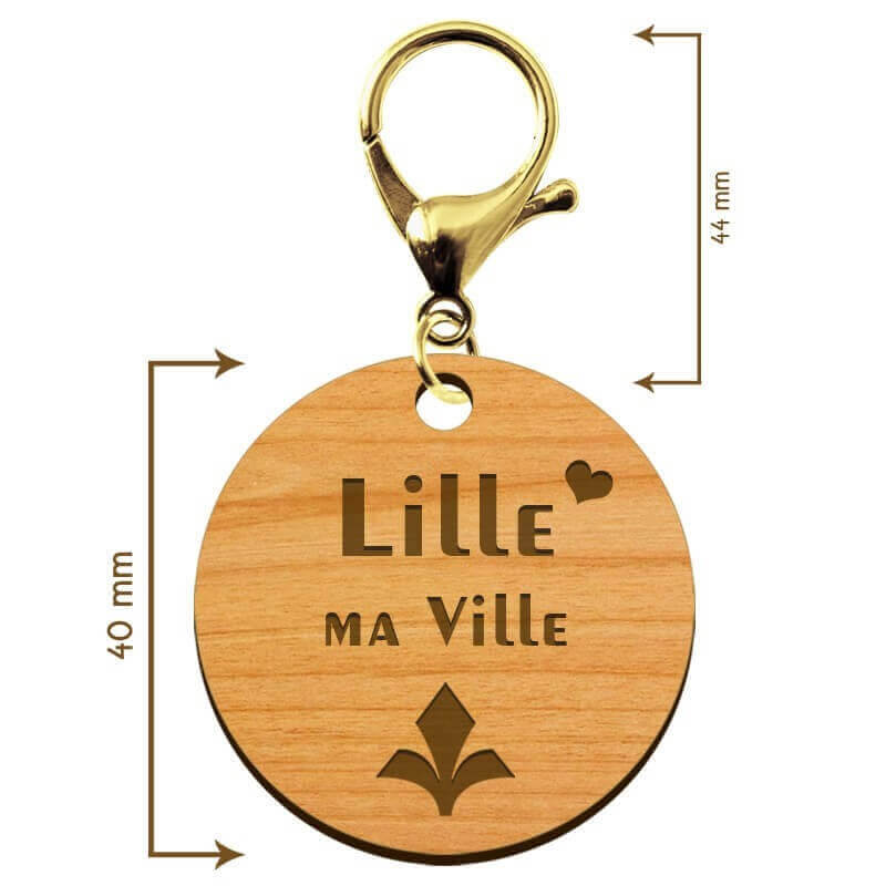 Dimensions du porte-clé en bois Lille 45 mm avec mousqueton de couleur doré