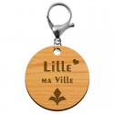 Porte clé Lille ma ville rond en bois 45 mm avec mousqueton argenté