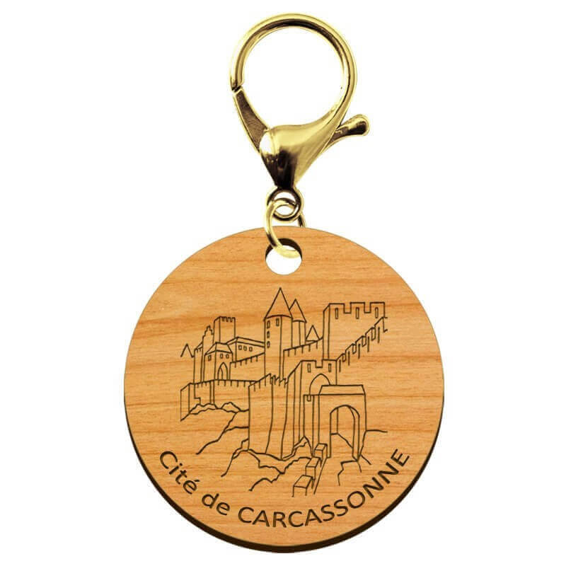 Porte-clé Cité de Carcassonne en bois à personnaliser mousqueton doré