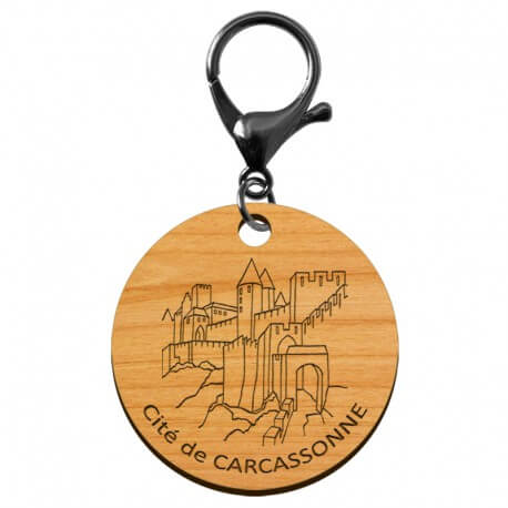 Porte-clé Cité de Carcassonne en bois à personnaliser mousqueton noir