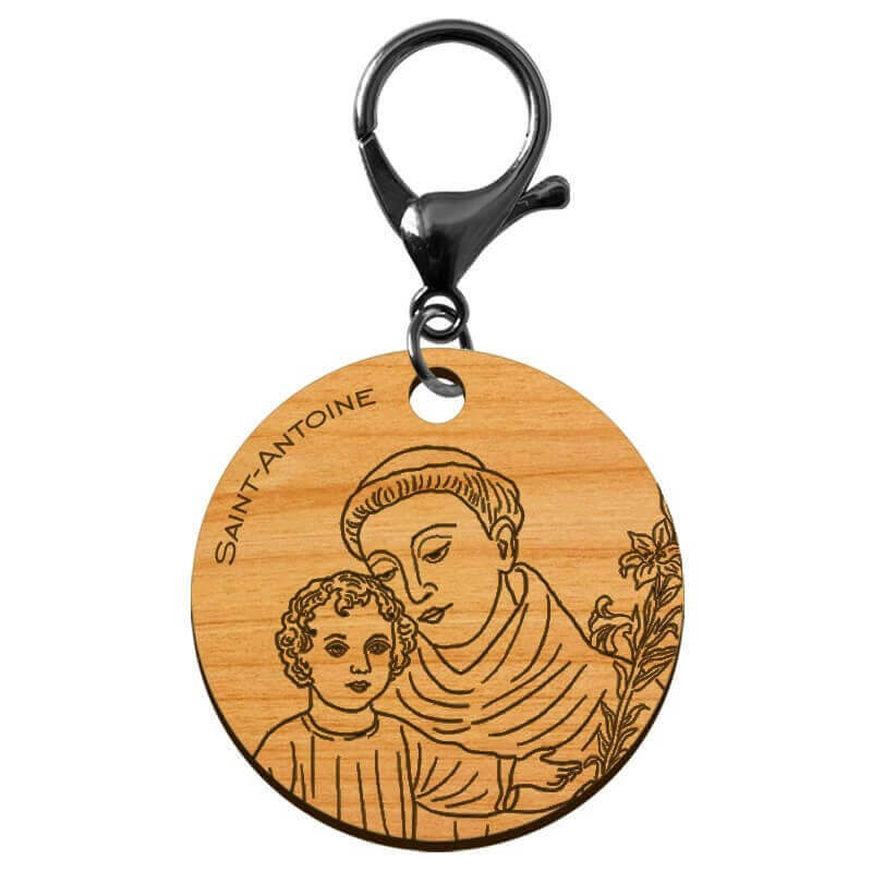 Porte clé religieux Saint-Antoine de Padoue en bois à personnaliser mousqueton noir