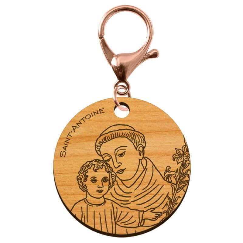 Porte clé Saint Padou objet perdu en bois personnalisable mousqueton rose