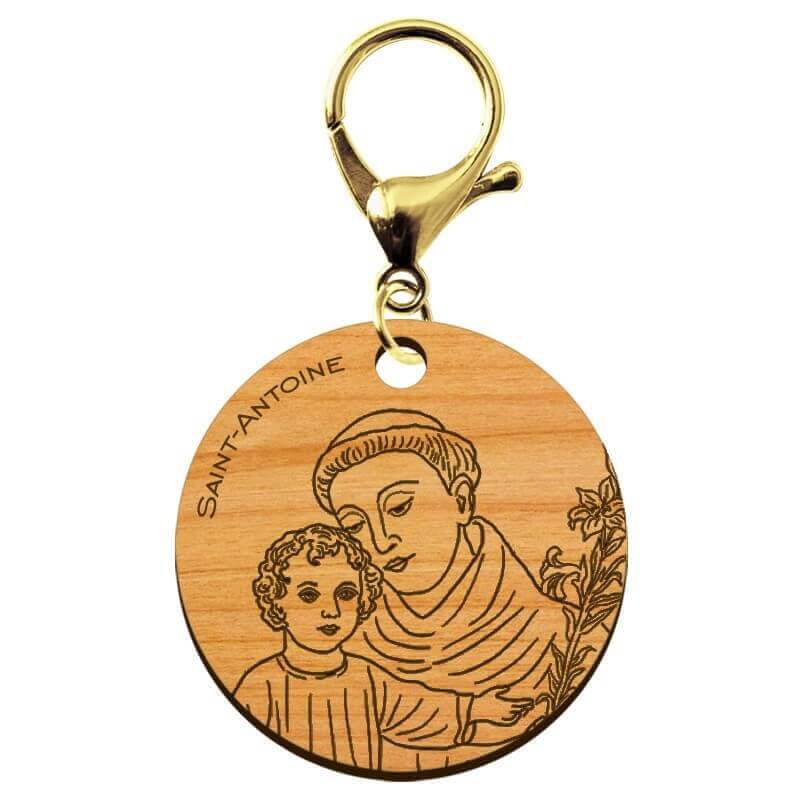 Porte clé bois Saint Antoine de Padoue en bois à personnalisé mousqueton doré