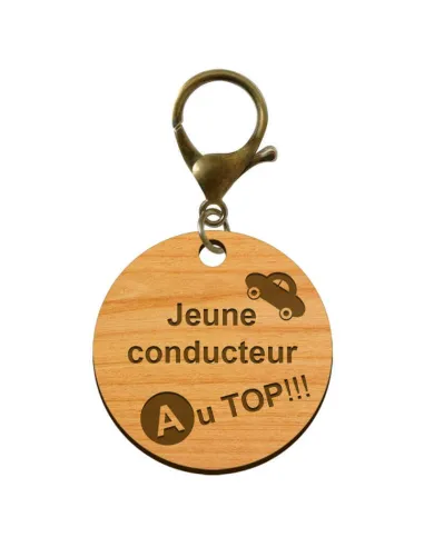 Porte-clés gravé Jeune conducteur AU TOP en bois 45 mm avec mousqueton de couleur bronze
