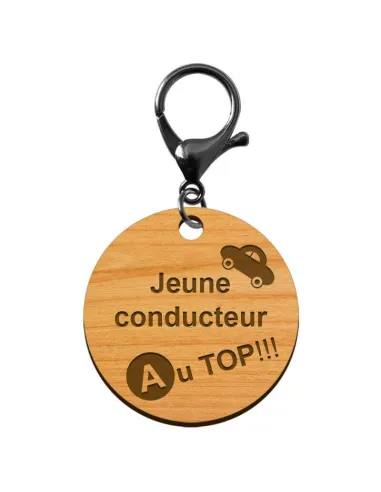 Porte-clé en bois motif Jeune conducteur AU TOP diamètre 45 mm avec mousqueton noir