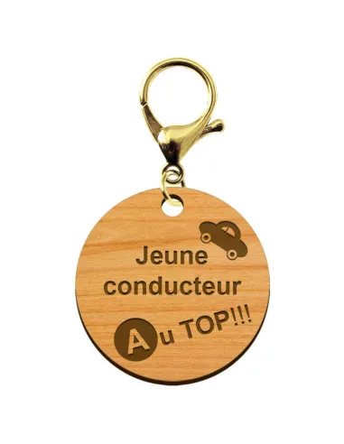 Porte-clé personnalisable en bois Jeune conducteur AU TOP de taille 45 mm avec mousqueton de couleur or