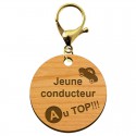 Porte-clé personnalisable en bois Jeune conducteur AU TOP de taille 45 mm avec mousqueton de couleur or