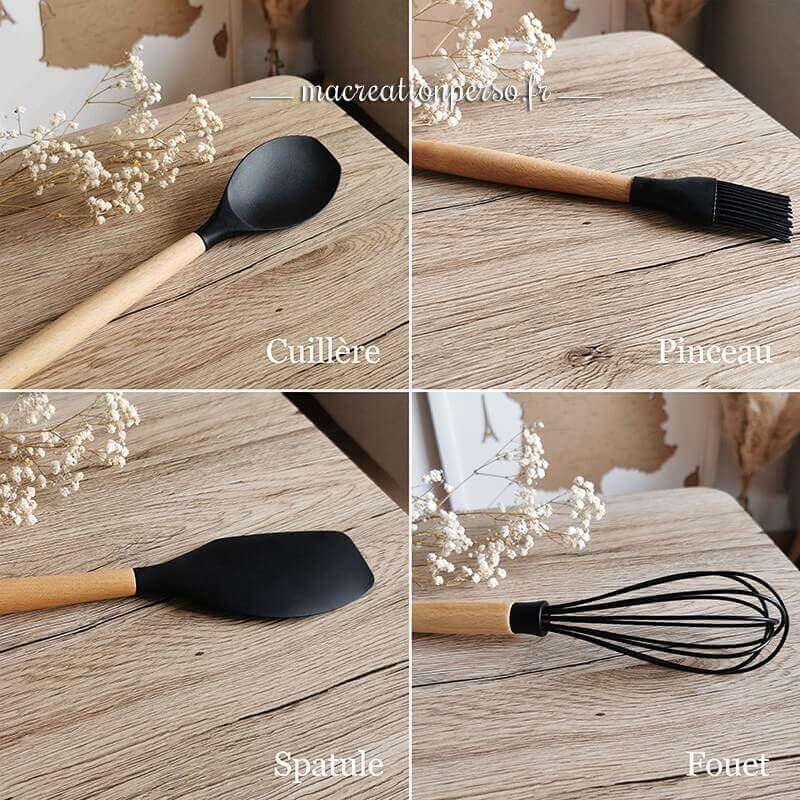 4 ustensiles de cuisine personnalisés en silicone noir et bambou