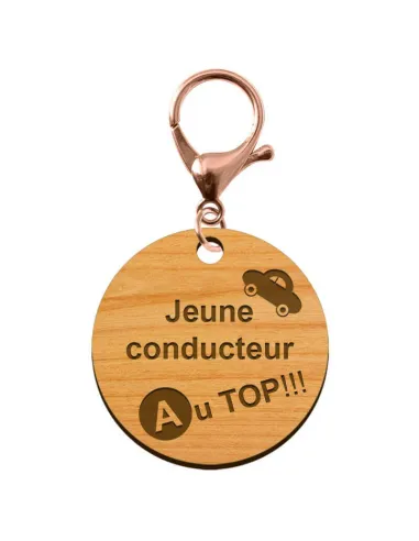 Porte-cléf personnalisé Jeune conducteur AU TOP rond en bois 45 mm avec un mousqueton de couleur rose métallique
