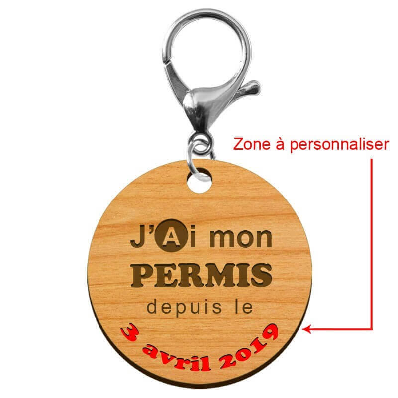 Porte-clé "J'ai mon permis de conduire depuis le..." date à personnaliser mousqueton argenté