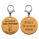 Deux faces recto et verso du porte-clé en bois Pas PARFAITE mais MOTARDE c'est pareil 45 mm avec mousqueton argenté