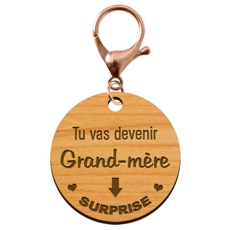 Porte-clé Mamie "Tu vas devenir Grand-Mère" à personnaliser mousqueton rose