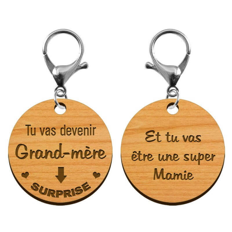 Recto verso porte-clé Mamie "Tu vas devenir Grand-Mère" à personnaliser - macreationperso mousqueton argenté