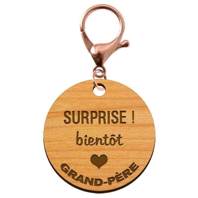 Porte-clé Papy "SURPRISE bientôt Grand-père" personnalisé mousqueton rose