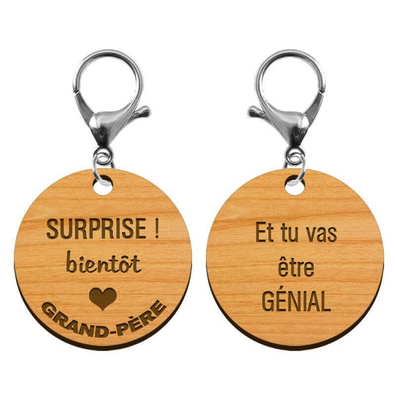 Recto verso porte-clé Papy "SURPRISE bientôt Grand-père" personnalisé