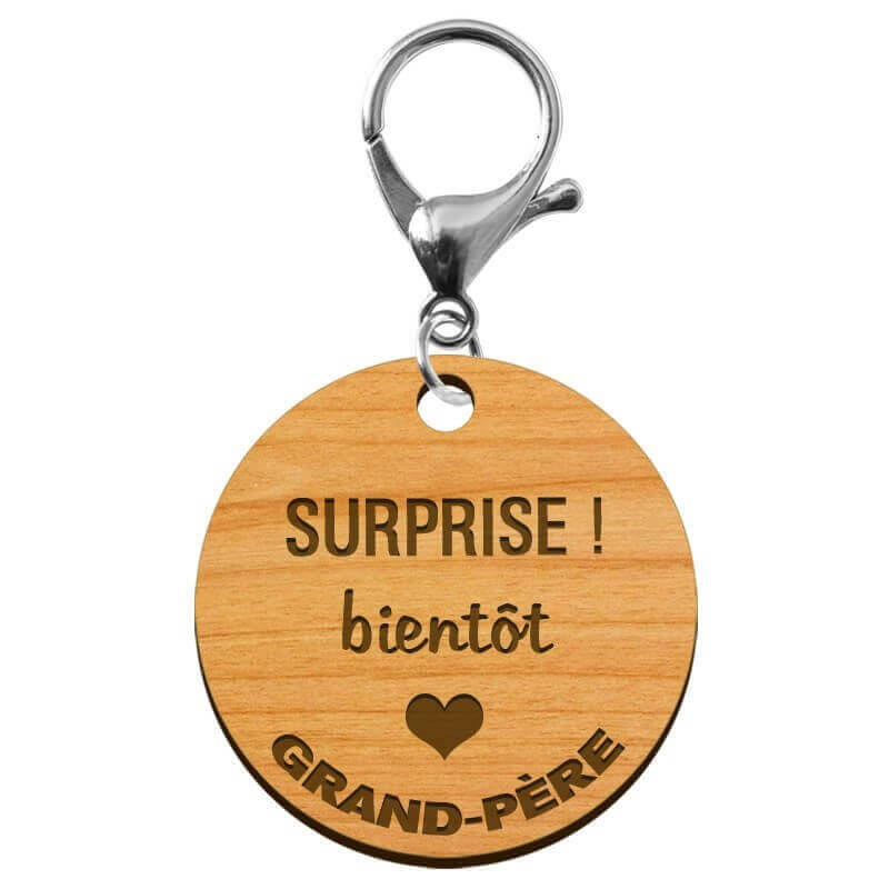 Porte-clé Papy "SURPRISE bientôt Grand-père" personnalisé mousqueton argenté