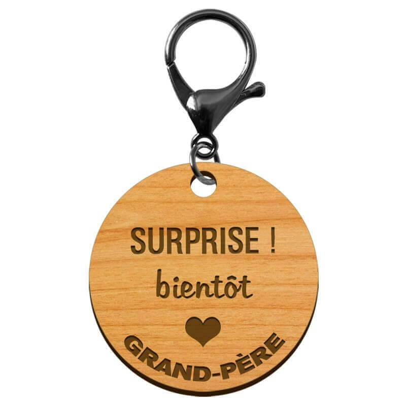 Porte-clé Papy "SURPRISE bientôt Grand-père" personnalisé mousqueton noir