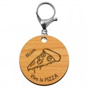Porte-clé PIZZA en bois "Vive la PIZZA miam" personnalisé mousqueton argenté