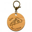 Porte-clé PIZZA en bois "Vive la PIZZA miam" personnalisé mousqueton bronze