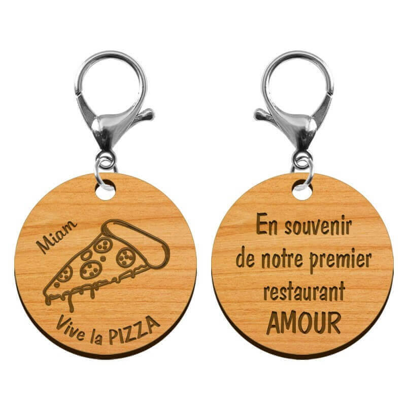 Recto verso porte-clé PIZZA en bois "Vive la PIZZA miam" à personnaliser