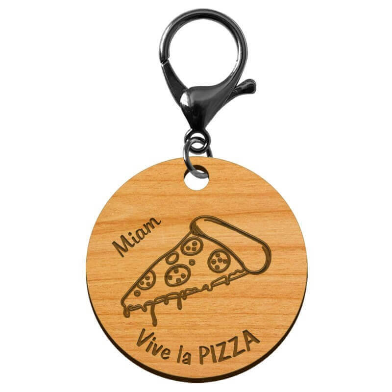 Porte-clé PIZZA en bois "Vive la PIZZA miam" personnalisé mousqueton noir