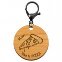 Porte-clé PIZZA en bois "Vive la PIZZA miam" personnalisé mousqueton noir
