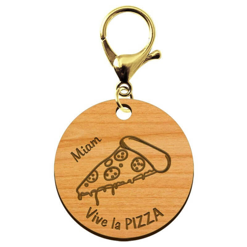 Porte-clé PIZZA en bois "Vive la PIZZA miam" personnalisé mousqueton doré