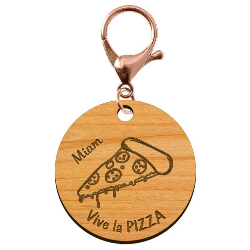 Porte-clé PIZZA en bois "Vive la PIZZA miam" à personnaliser mousqueton rose