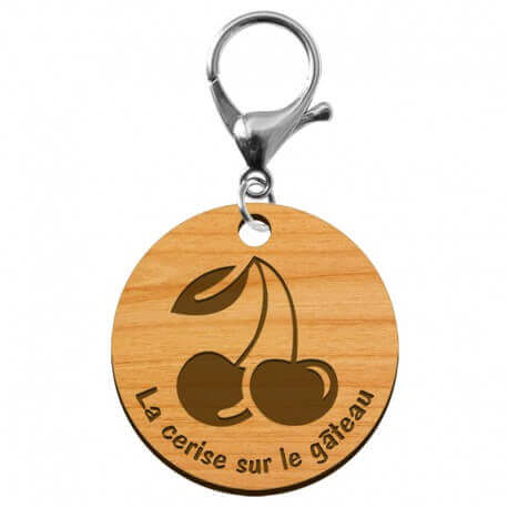 Porte-clé CERISE en bois "La cerise sur le gâteau" à personnaliser mousqueton argenté