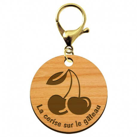 Porte-clé CERISE en bois "La cerise sur le gâteau" personnalisé mousqueton doré