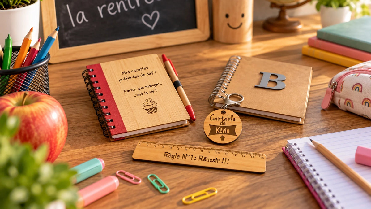 Accessoires de rentrée scolaire personnalisés en bois gravé : carnets, règle « Règle n°1 : Réussir !!! » et porte-clés « Cartable de Kévin », sur un bureau d’écolier Image