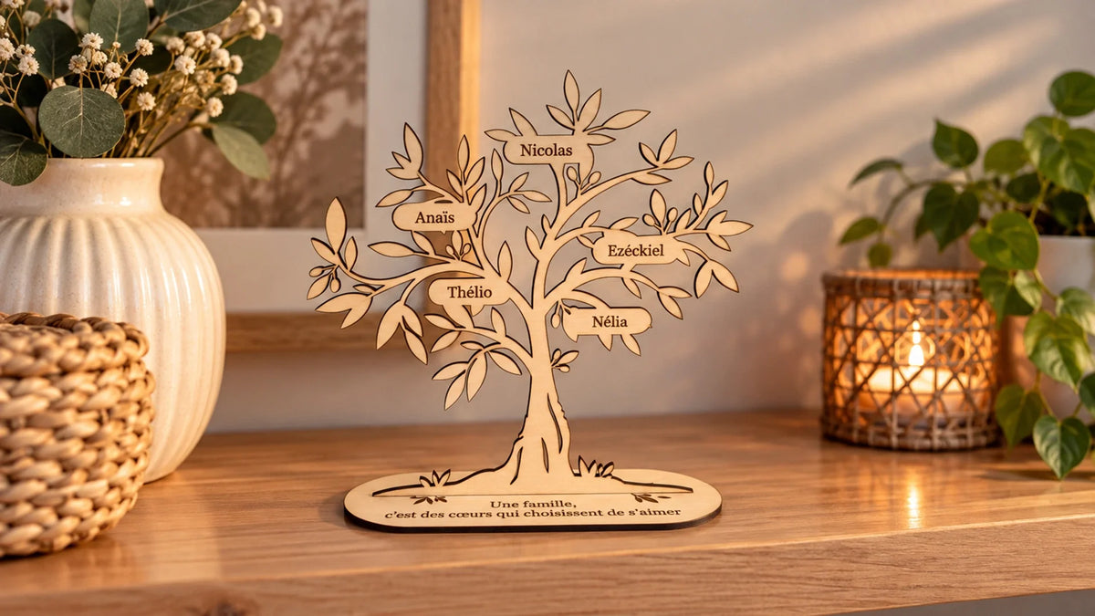 Arbre de vie en bois personnalisé avec prénoms de la famille gravés et citation sur le socle, posé sur une étagère Image