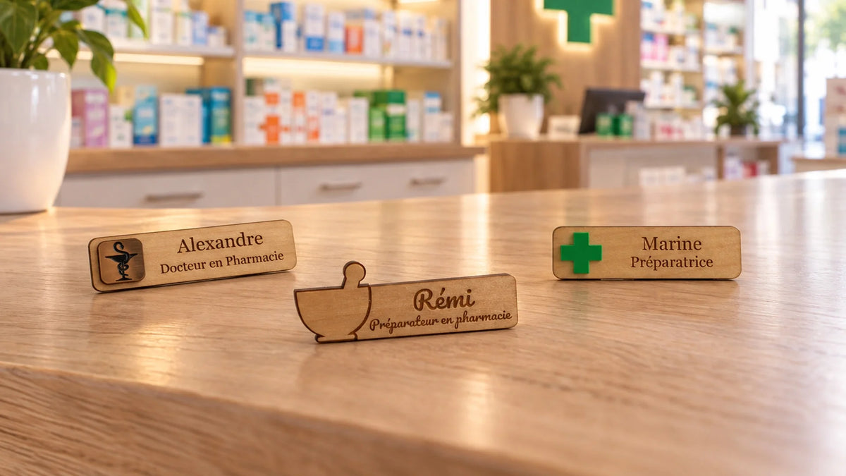 Badges pharmacien et préparateur en pharmacie personnalisés en bois gravé au prénom, avec caducée, mortier ou croix verte, sur le comptoir d’une pharmacie Image