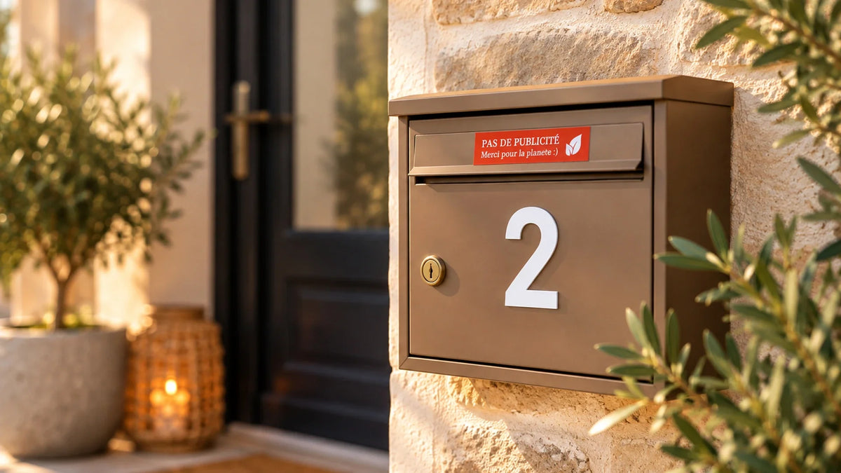 Boîte aux lettres marron avec plaque « Pas de publicité, merci pour la planète » rouge et chiffre 2 blanc découpé