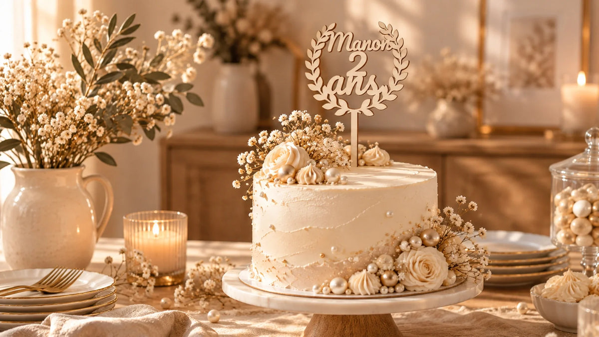Cake topper en bois personnalisé « Manon 2 ans » avec couronne de laurier, planté sur un gâteau d'anniversaire