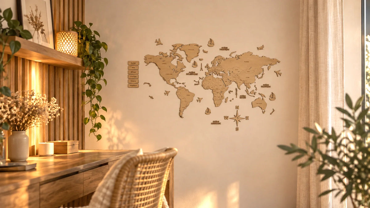 Carte du monde géante en bois fixée au mur d'un bureau, avec boussole et légende des continents