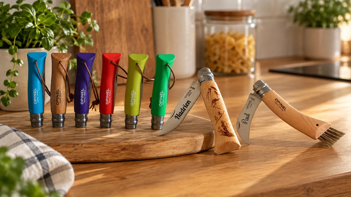 Couteaux Opinel personnalisés : six manches colorés, Opinel gravé montagne au prénom Hadrien et couteau à champignon gravé Paul, sur un plan de travail en bois