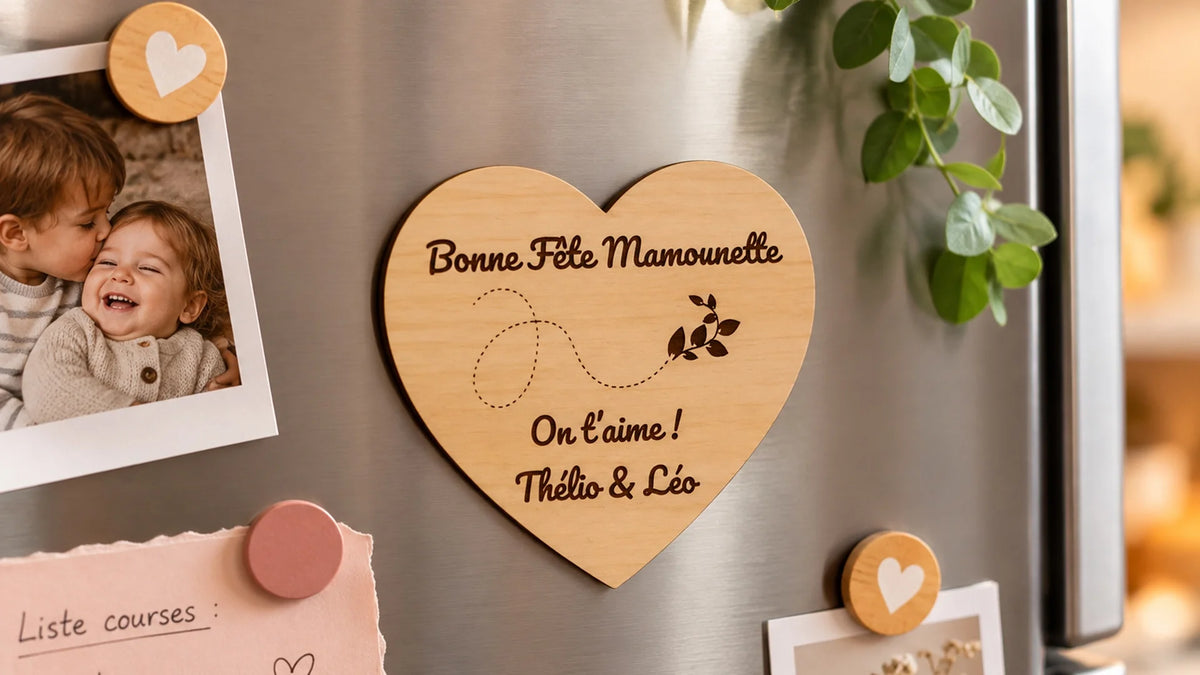 Magnet cœur en bois gravé « Bonne fête Mamounette, on t’aime ! » avec les prénoms des enfants, sur un réfrigérateur, idée cadeau pour la fête des mères Image