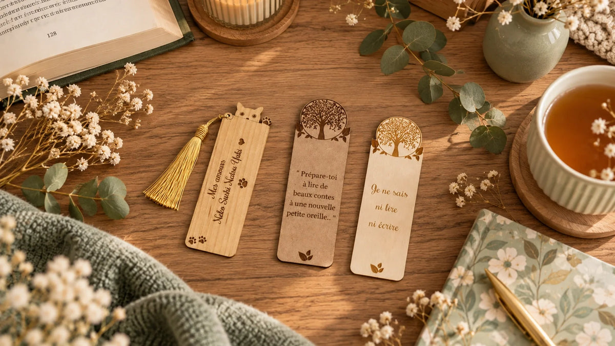 Trois marque-pages en bois personnalisés gravés, avec motif arbre de vie, chat et pompon doré, posés sur une table à côté d'un livre