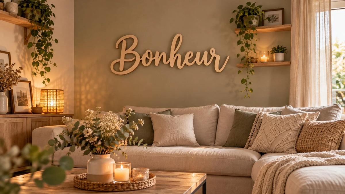 Mot « Bonheur » en bois découpé, accroché en décoration murale au-dessus d’un canapé dans un salon cosy Image
