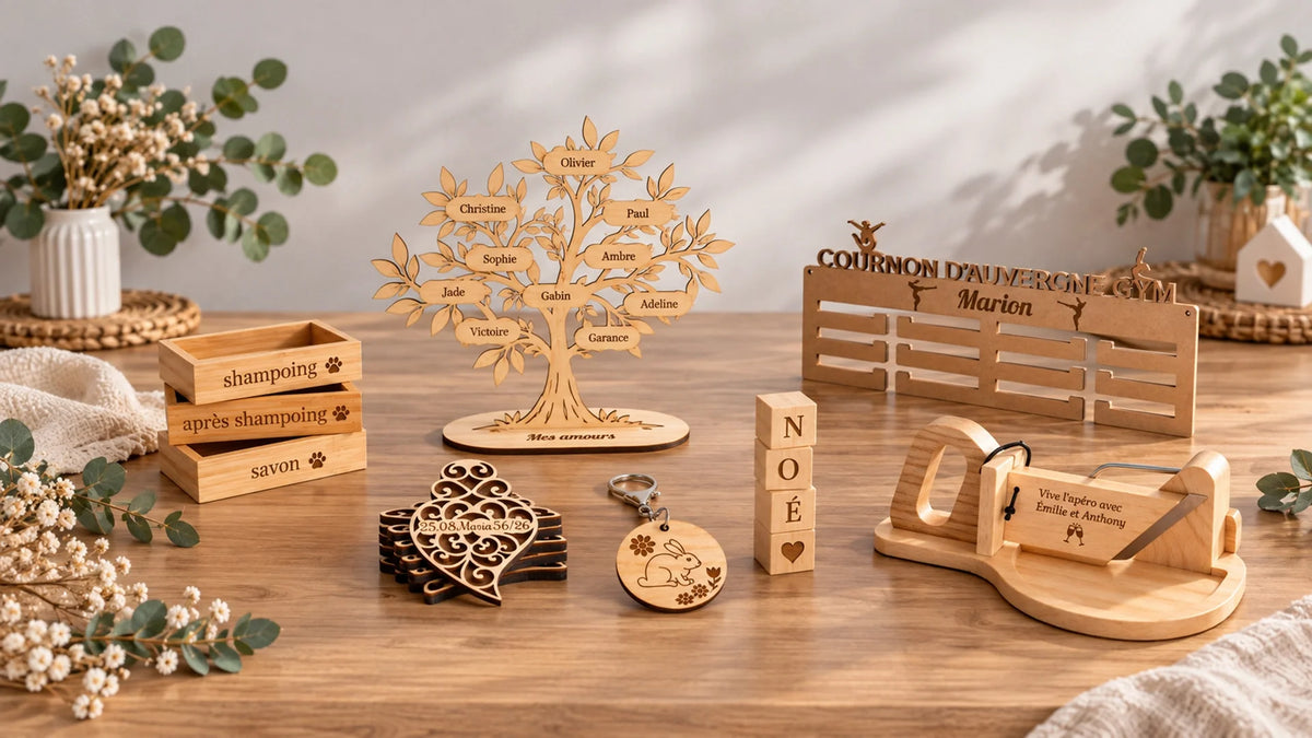 Objets en bois personnalisés gravés : arbre de vie aux prénoms de la famille, porte-médailles de gymnastique, cubes prénom, porte-clés, dessous de verre, boîtes de salle de bain et guillotine à saucisson