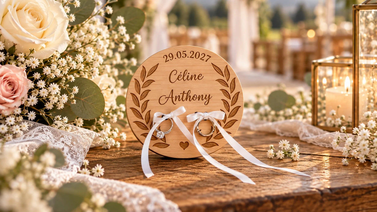 Porte-alliances en bois gravé aux prénoms des mariés et à la date du mariage, avec couronne de feuillage et rubans blancs, sur une table de mariage champêtre