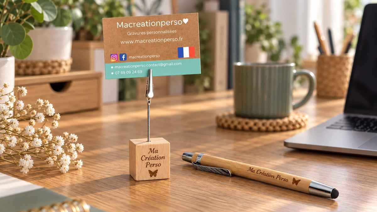 Porte-carte de visite en bois et stylo en bambou gravés au logo Ma Création Perso, posés sur un bureau