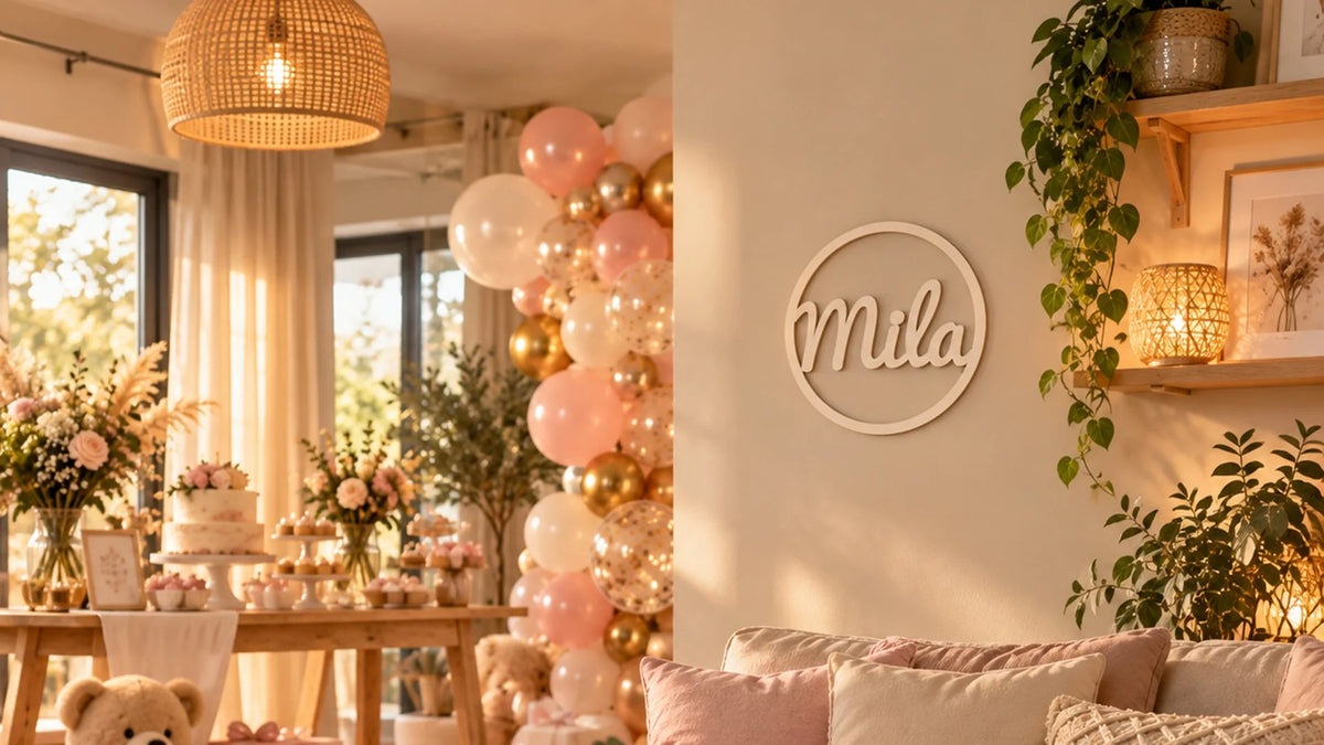 Prénom Mila en bois découpé dans un cercle, en décoration murale pour une fête de naissance ou de baptême avec ballons roses et dorés