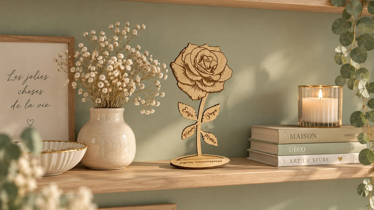 Rose éternelle en bois gravée avec prénoms sur les feuilles et « Joyeux anniversaire » sur le socle, posée sur une étagère