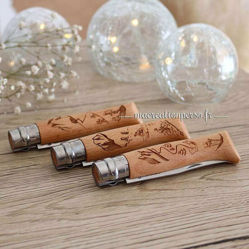 3 couteaux Opinel avec manche à thème vélo, rando et ski