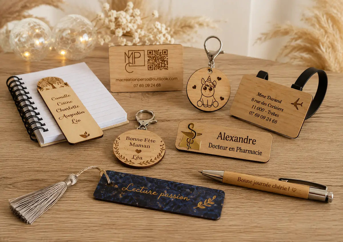 Accessoires personnalisés gravés : marque-pages, porte-clés, carnet, étiquette de bagage et stylo en bois