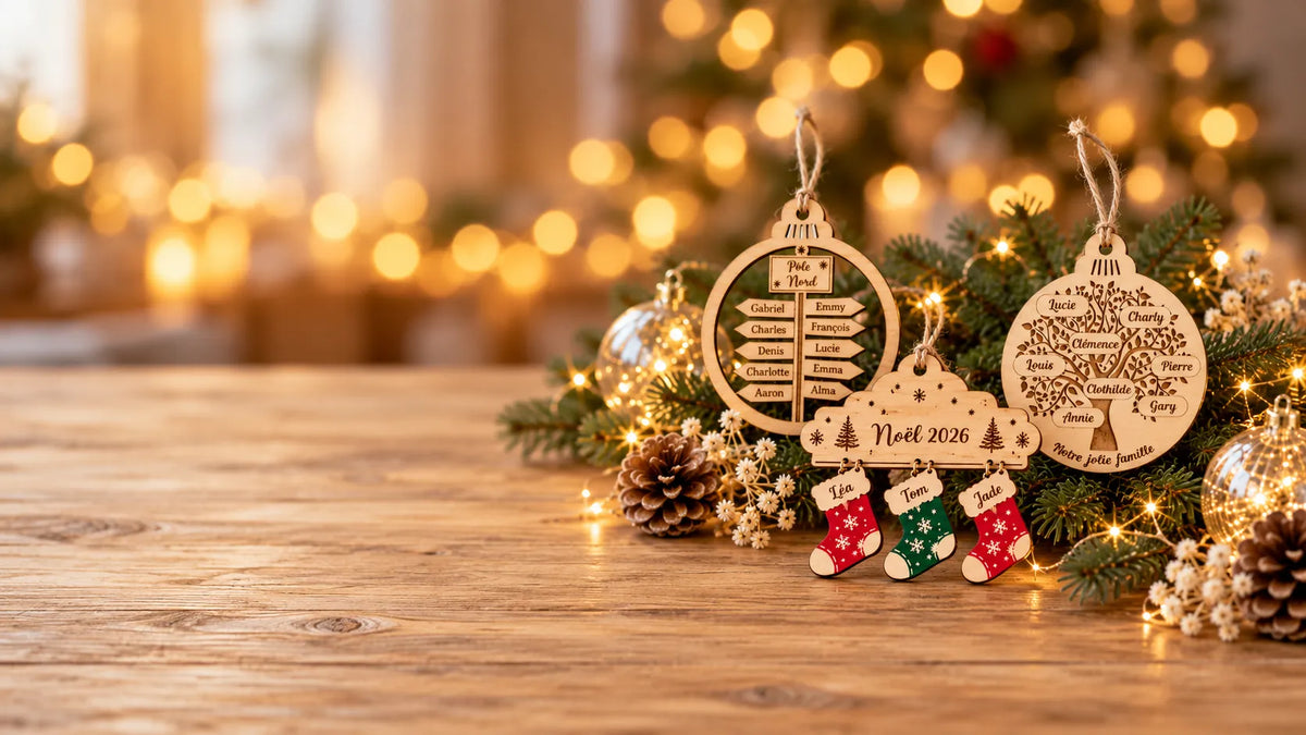 Décorations de Noël personnalisées en bois gravé : chaussettes avec prénoms, boule Pôle Nord et boule arbre de vie