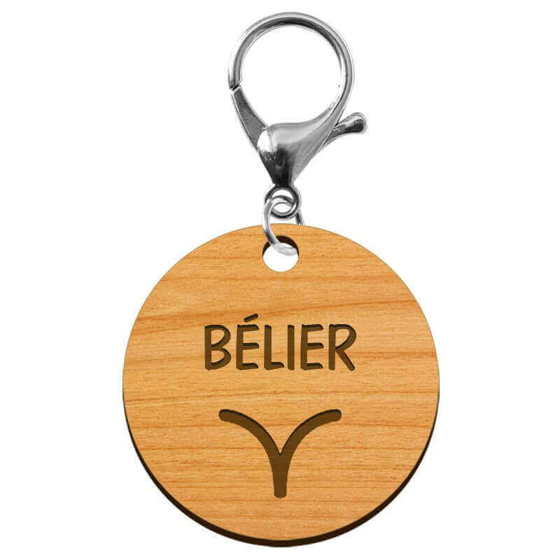 Bélier signe astrologique porte clé bois personnalisé mousqueton argenté